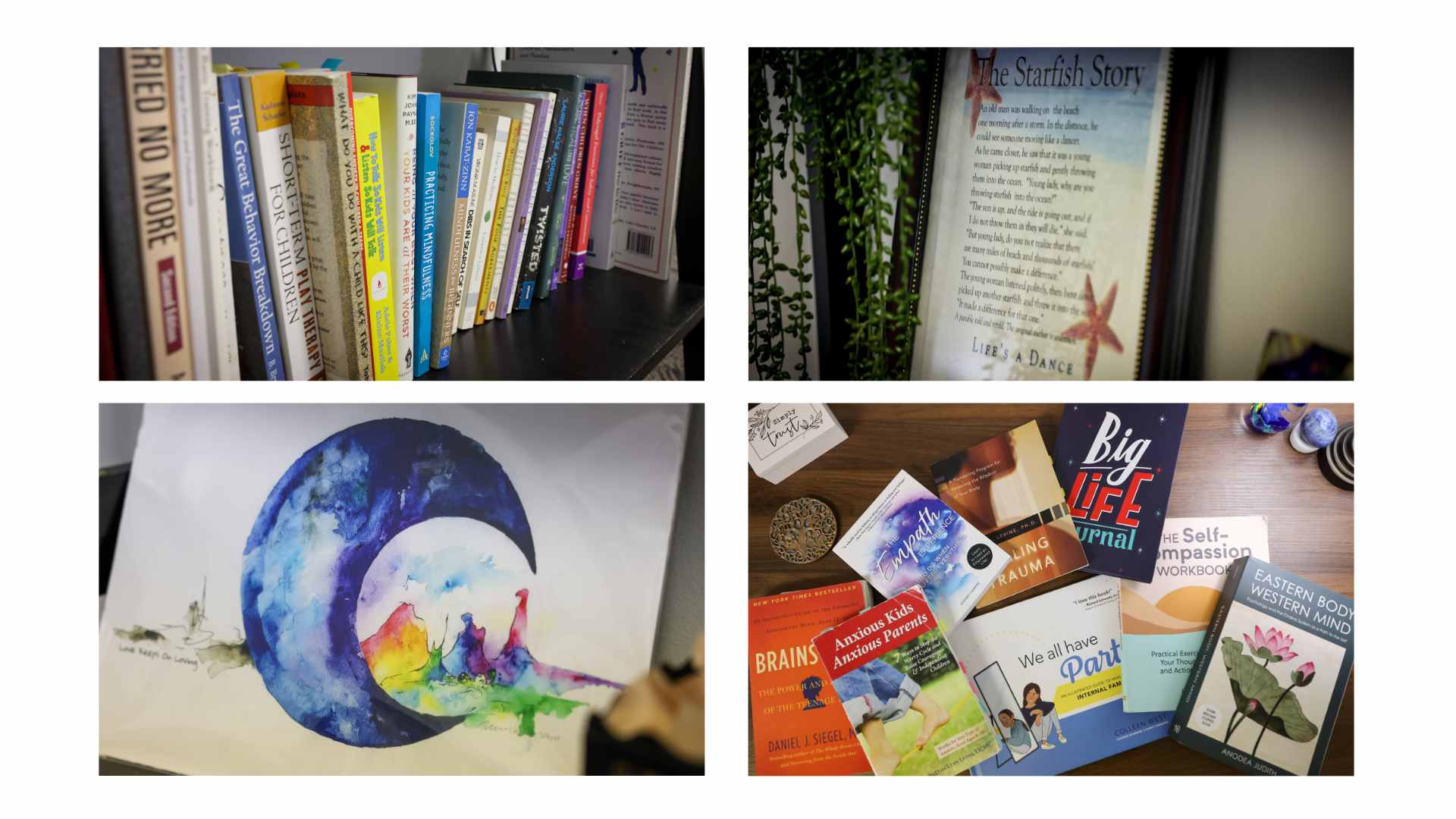 4 photos of books and pictures with a poem about a Starfish around the office at Clarity Counseling