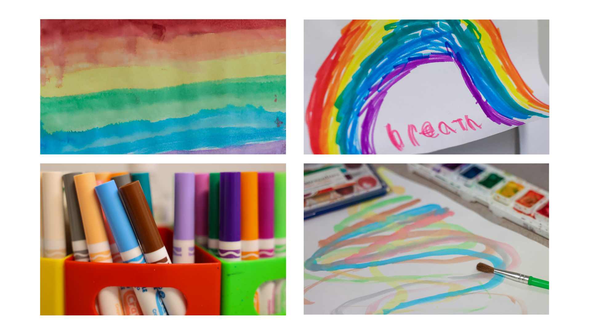 4 photos of drawings and materials that can used at Clarity Counseling