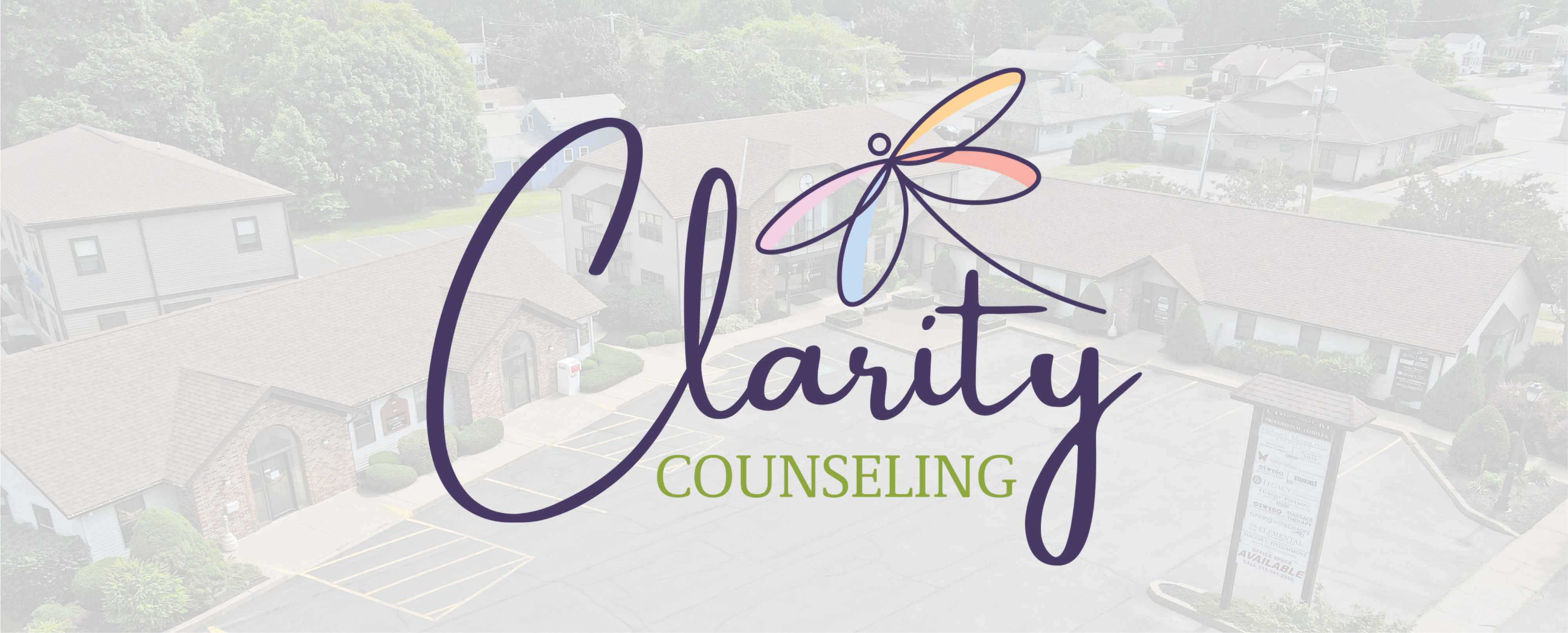Image of Clarity Counseling Logo with Utica Court Plaza in Background - Oswego, New York.
