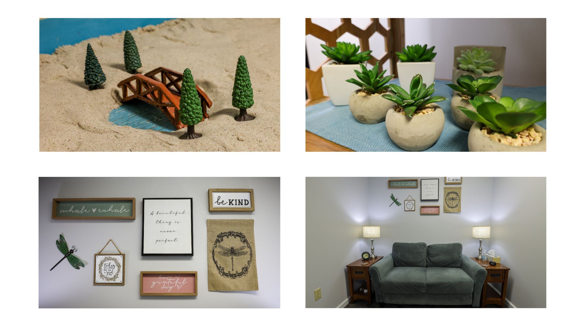4 photos of drawings and materials that can used at Clarity Counseling