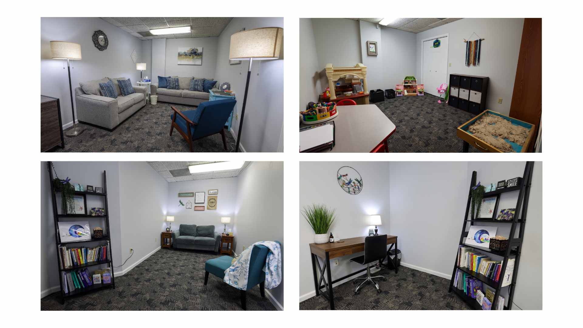 4 photos of different office spaces at Clarity Counseling